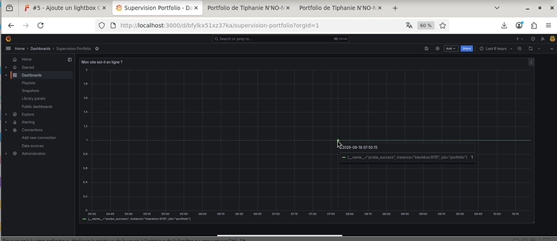 Tableau de bord Grafana montrant le site en ligne